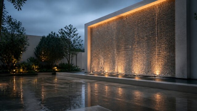 Modern architectural facade illuminated at dusk, sleek design showcasing contemporary lighting features, perfect for urban development or corporate branding videos, elegant nighttime setting