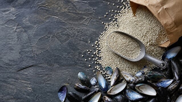 Assortment of smooth pebbles and fine sand textures on a dark slate background, natural earth tones, perfect for spa or wellness themes, spa treatment backdrop, zen meditation setting