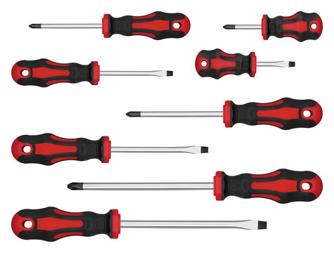 Ergonomic multi size Red screwdrivers bundle for comfortable manual labor and fixing. Useful construction asset banner for diy improvement and carpentry website