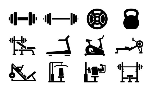 Fitness Equipment Icons Set, Gym Machine Vector Graphics, Workout Gear Collection, Strength Training Tools, Cardio Machines, Weightlifting Accessories