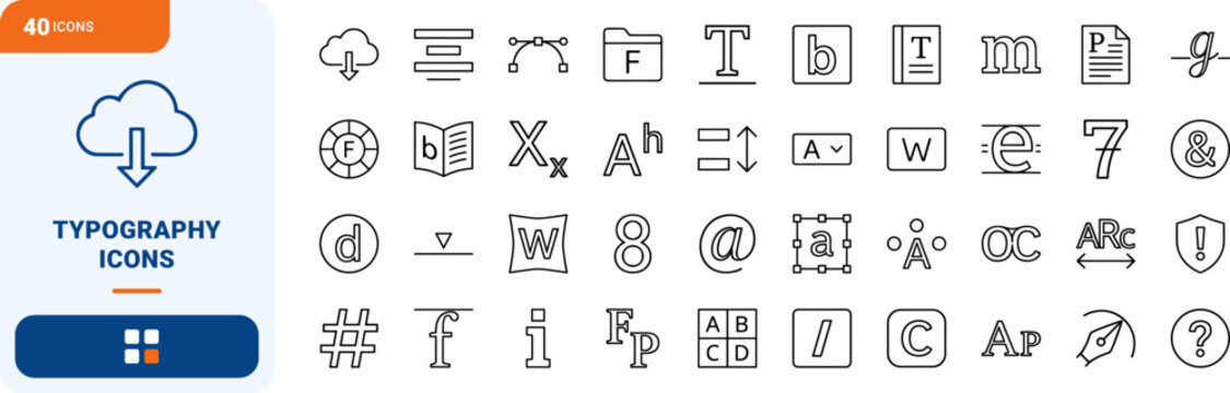 Typography guide art line icon set. Vector pictograms of font, typeface, kerning, and leading elements, thin linear illustration.