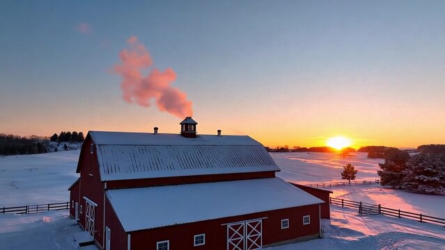 Rustic red barn against a warm sunrise sky, tranquil countryside scene, peaceful rural setting ideal for farming or agricultural themed projects