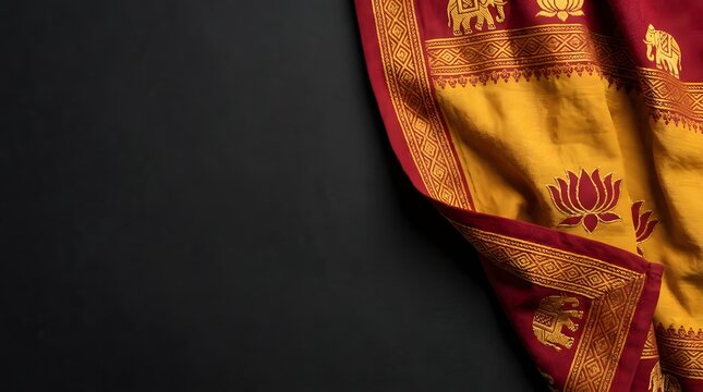 Traditional Karnataka silk saree with gold zari border and intricate temple motifs draped elegantly