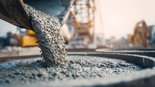 Fresh concrete flowing from a construction chute onto a reinforced foundation, illustrating concrete pouring, structural engineering, building construction and infrastructure development.