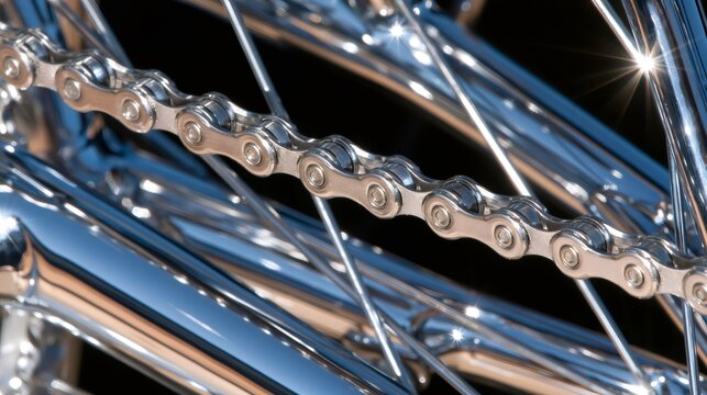 Bicycle chain links reflecting light on chrome components