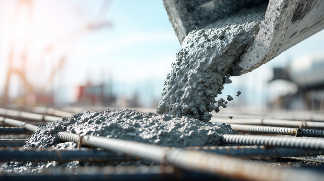 Close-up of fresh concrete being poured over reinforced construction forms, highlighting concrete texture, structural engineering, foundation work and modern building construction.