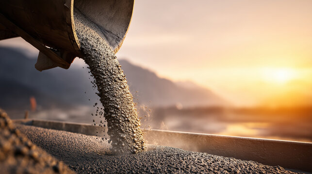 Fresh concrete pouring from a construction mixer during golden hour, creating a dramatic industrial scene that represents infrastructure development, foundation work and building construction.