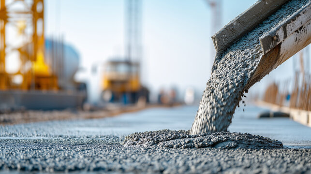 Concrete being poured onto a prepared construction surface, with industrial equipment in the background, representing foundation construction, infrastructure, engineering and building development.