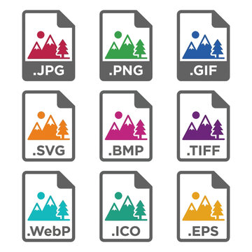File icons set showing different popular digital image formats featuring colorful mountain landscape designs isolated on a clean white background for modern web graphic design projects
