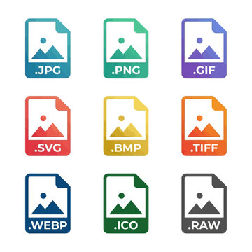 File extension icons set displaying various image formats like JPG PNG GIF SVG BMP TIFF WEBP ICO and RAW for web design and digital media projects