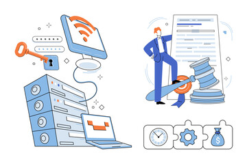 Network security and legal justice vector illustration. Data protection, server infrastructure, cyber law, digital privacy, courtroom litigation, business management. Information technology safety © Dmytro
