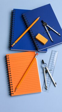 School supplies for learning and education on blue background