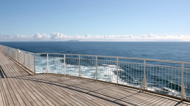 Ship deck and railing over open blue ocean