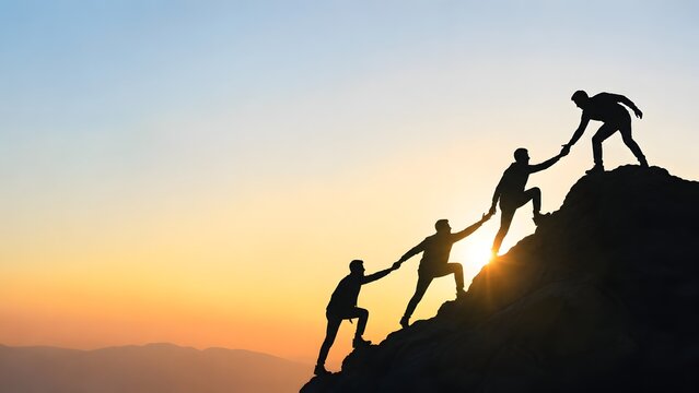 Silhouette of team helping each other climb mountain peak at sunrise representing leadership teamwork and business success