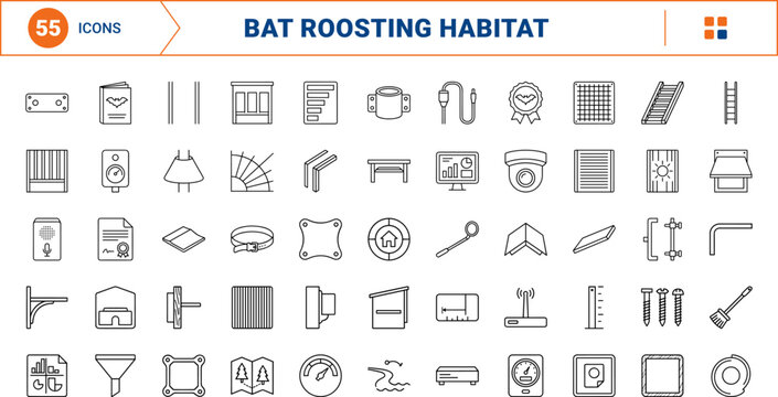 Bat Box Wall line icon set. Vector pictograms of shelter, mounting, habitat, and monitoring elements, thin linear illustration.
