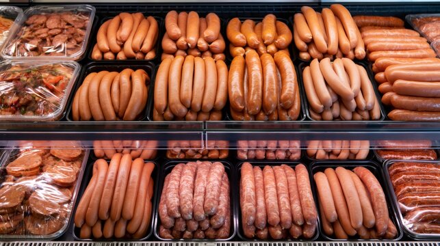 Assortment of sausages and various meat products in a refrigerated display