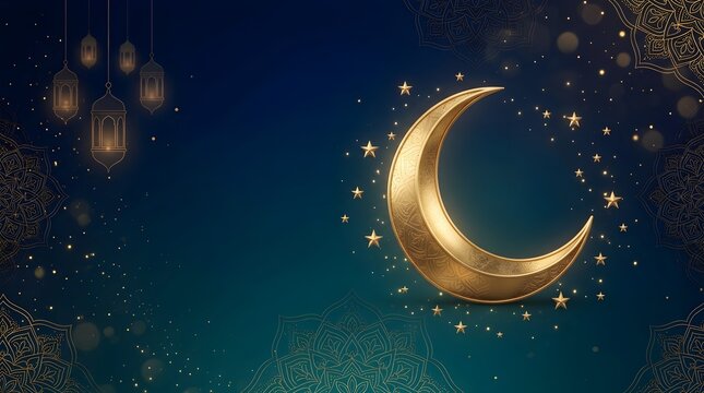 lavish golden crescent moon with intricate patterns, surrounded by glowing stars and traditional hanging lanterns on a dark teal background with elegant gold mandalas and sparkling dust. Perfect for R