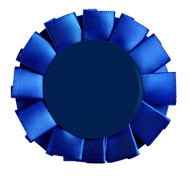 Blue ribbon rosette with a blank dark center, symbolizing achievement and victory on a transparent background