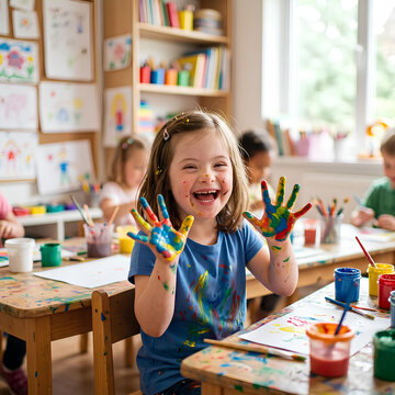 Happy girl with painted hands in classroom setting.
