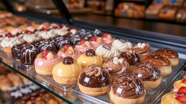 Assorted gourmet pastries and desserts in a bakery display