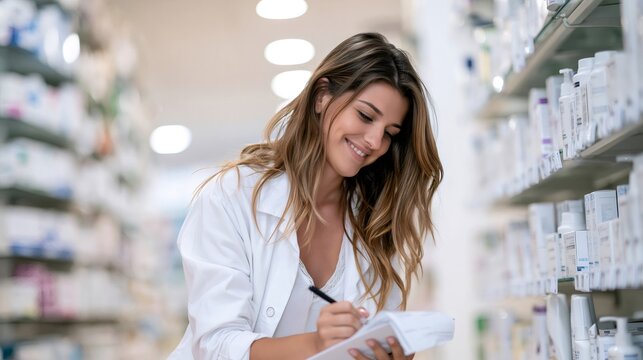 Female pharmacist checking inventory in a pharmacy store