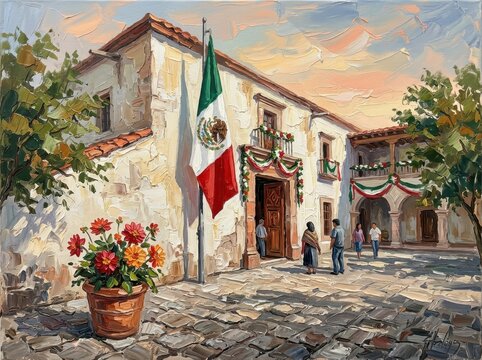 Celebration of Mexico Independence Day with national flag and festive decorations