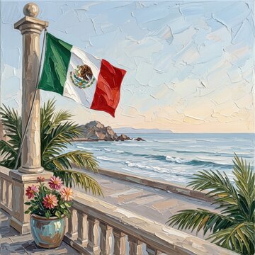Mexican flag waving on coastal balcony with scenic ocean view and palm trees