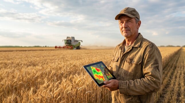 Farmer using AI yield forecasting before harvest
