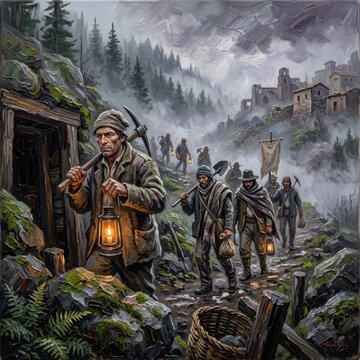 Group of miners with lanterns walking in a misty mountainous landscape