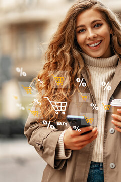 Woman using smartphone for online shopping with shopping cart graphics in a city