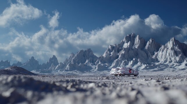 Futuristic vehicle explores desolate icy alien mountain landscape