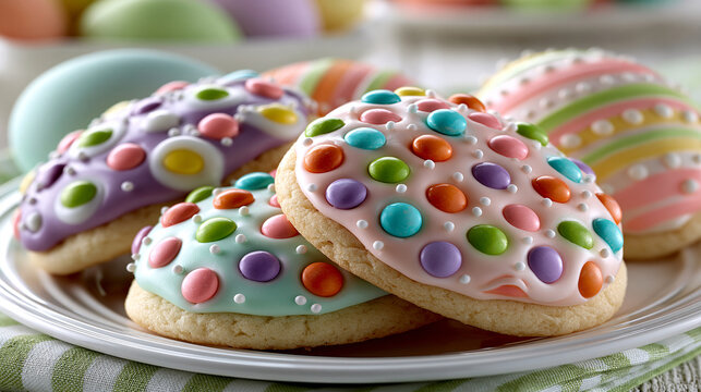 Decorated easter egg cookies with colorful icing and candy toppings on plate