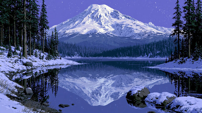Snow-covered mountain peak reflecting in a calm lake surrounded by winter