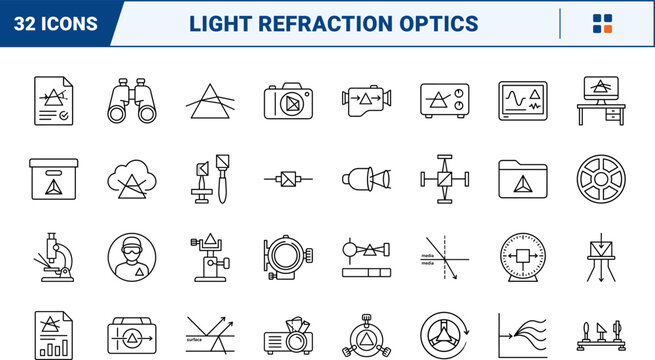 Prism Light Split line icon set. Vector pictograms of optical refraction, beam dispersion, spectroscope tools, and wave optics elements, thin linear illustration.