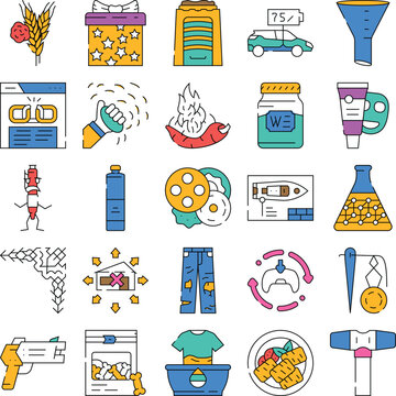 Diverse collection of linear icons featuring various objects, activities, and abstract concepts, suitable for modern graphic design and digital applications