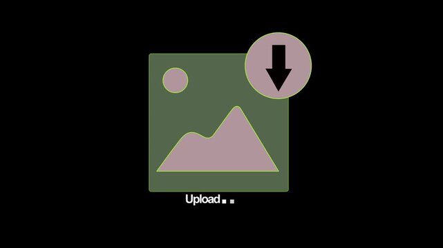 Image upload interface graphic featuring a downward arrow pointing towards a landscape picture box with progress text on a dark background to show digital file transfer and cloud storage.