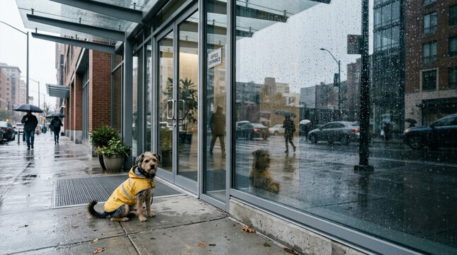 Small Dog in Yellow Raincoat Sitting Outside Modern Office Building Entrance on Rainy Day