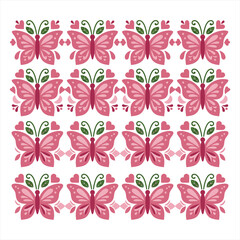Fototapeta premium Pink Butterfly Seamless Pattern with Hearts and Flowers Spring Romance Textile and Fabric Decorative Vector Background