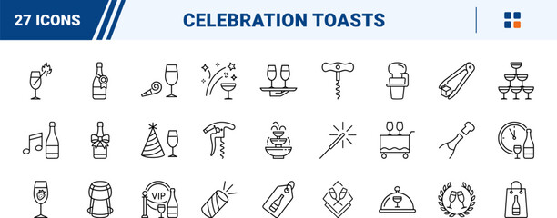 Naklejka premium Champagne Celebration Toast line icon set. Vector pictograms of beverage, glass, party, and event elements, thin linear illustration.