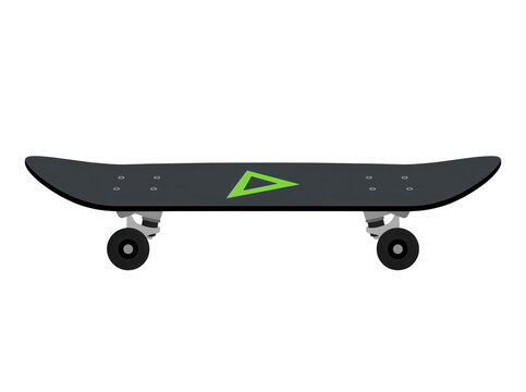 Skateboard moderne avec une planche gris fonc&eacute; et un logo triangulaire vert vif, isol&eacute; sur un fond blanc pur, pr&ecirc;t pour le sport et les loisirs urbains.