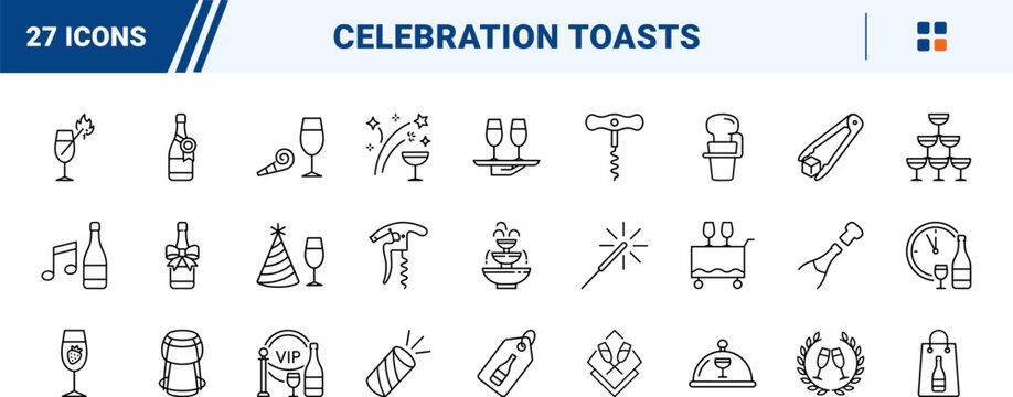 Champagne Celebration Toast line icon set. Vector pictograms of beverage, glass, party, and event elements, thin linear illustration.