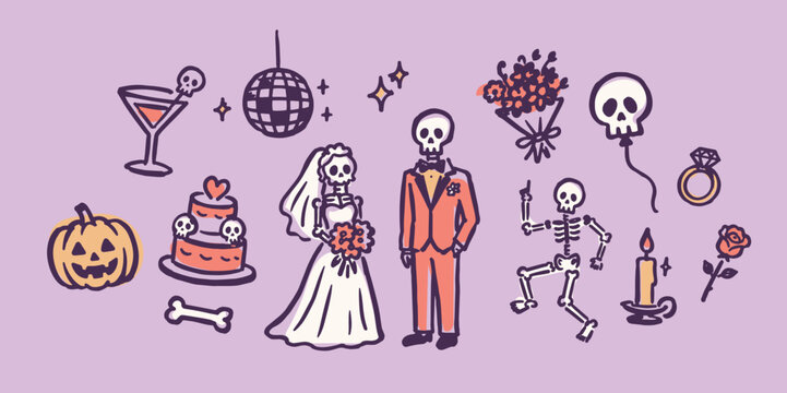 Halloween Skeleton Wedding Doodle Set Vector Illustration