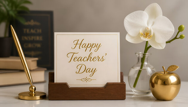 Happy Teachers Day elegant greeting card on wooden stand with golden apple and white orchid flower on desk.
