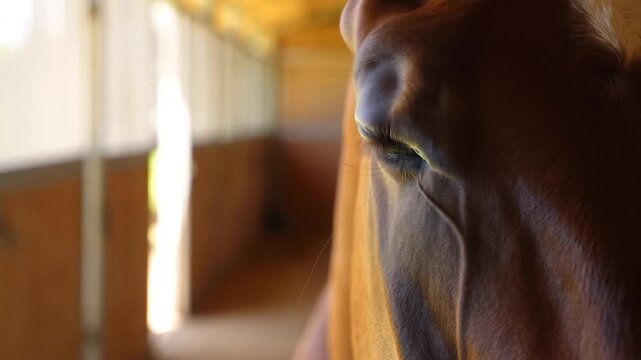 Horse gazing from stable in warm light with closeup side profile and stillness