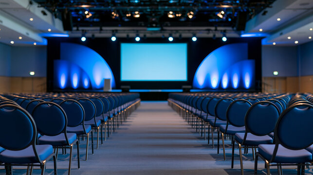 Empty modern auditorium with illuminated presentation stage at the end of a central aisle, keynote preparation, conference venue, event production, corporate presentation, public