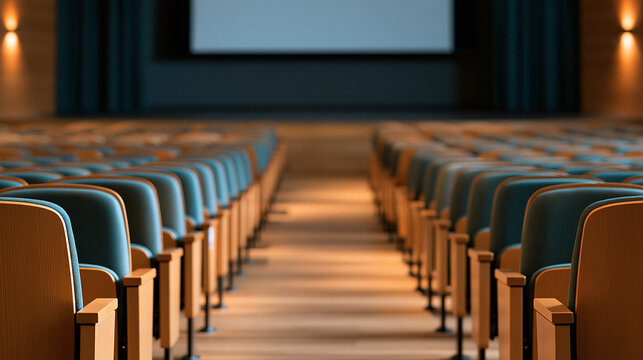 Empty modern auditorium with illuminated presentation stage at the end of a central aisle, keynote preparation, conference venue, event production, corporate presentation, public