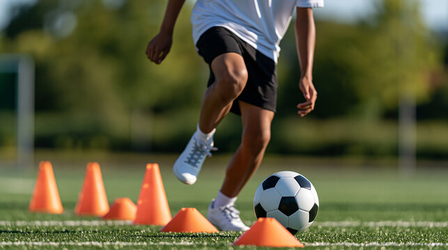 Teenage male football player practicing rapid direction changes around training poles, reactive agility, technical footwork, ball control, youth football training, athletic
