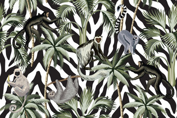 Naklejka premium Tropical vintage monkey, lemur animal, palm trees floral seamless pattern zebra background. Exotic jungle wallpaper.