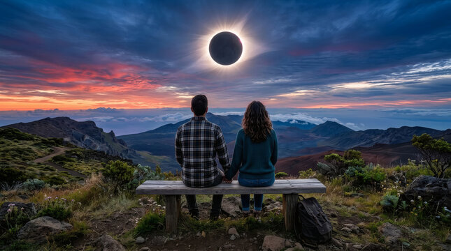 Couple Watching Total Solar Eclipse From Mountain Overlook at Sunset, Romantic Landscape and Sky