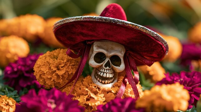 Marigolds and a skull with a sombrero decorate a grave during the Day of the Dead celebration